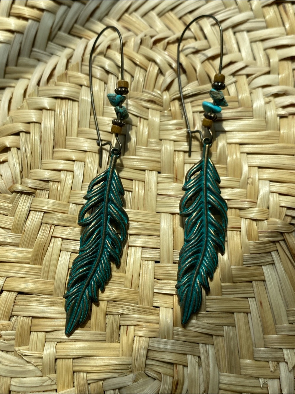 Handcrafted Teal Feather Drop Earrings - Women Jewelry